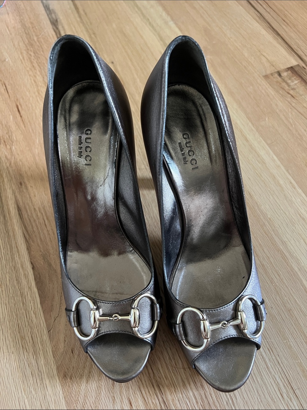 Gucci Metallic Brown Peep-Toe Horsebit Pumps